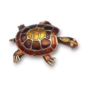 Vintage BOUCHER Enamel Turtle Brooch Brown Gold Figural Animal Pin Dimensional
